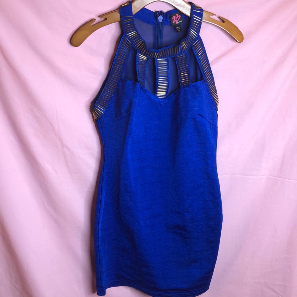 Bebe blue dress with gold beads